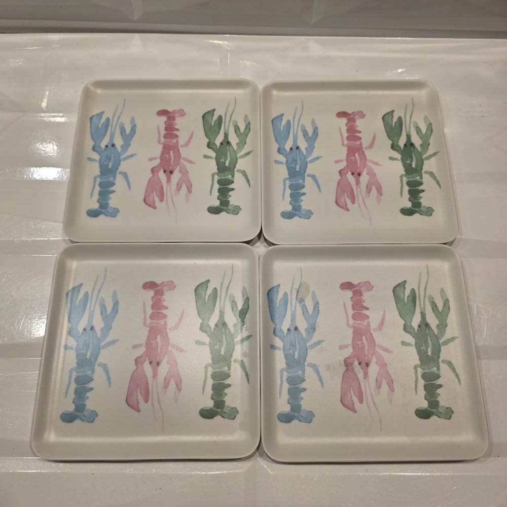 Tommy Bahama Set of 4 Melamine Appetizer Plates Square Lobster Beachy Cookout